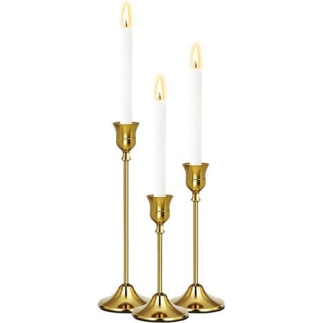 Set of 3 tapered metal candlesticks, vintage brass home decor, for dining table, mantelpiece, bedroom decor, gold (1/5)