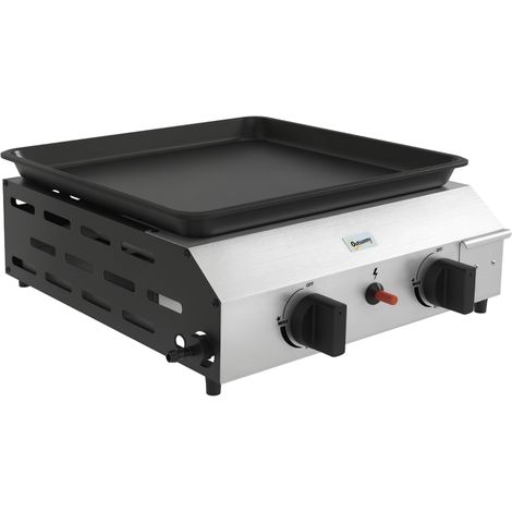 Plancha gaz en acier inox émaillé 2 brûleurs 4,8 kW antiadhésive grande surface de cuisson 40L x 34l cm, transportable (1/5)