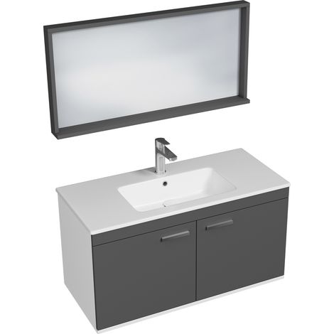 RUBITE Meuble salle de bain simple vasque 2 portes gris anthracite largeur 100 cm + miroir cadre