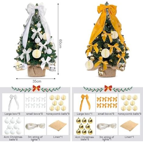 Petit arbre de Noël avec lumières LED, ruban, boule décorative pour décoration de Noël à la maison, au bureau Doré 60 cm (1/4)