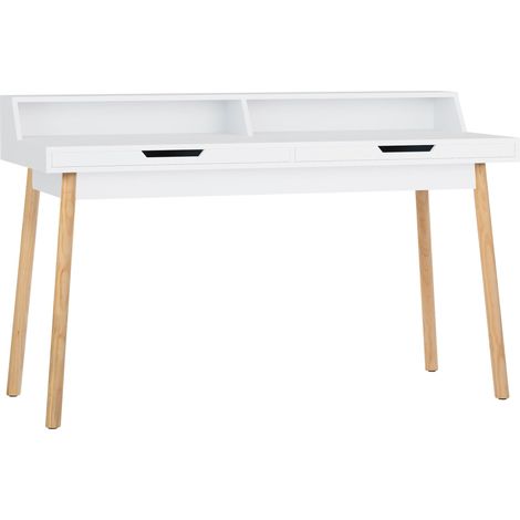 Escritorio moderno blanco con cajones y estantes – Patas de roble natural 140 cm 100009191