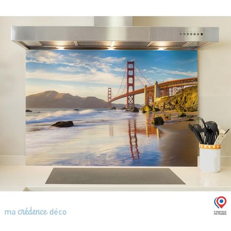 Fond de hotte : Plage et pont San Francisco - Verre trempé - 90 cm - 60 cm (1/5)