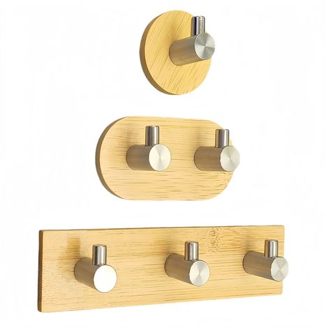 Bamboo and wood hooks, strong adhesive hooks for kitchen and bathroom doors, no-drill, traceless stainless steel towel hooks