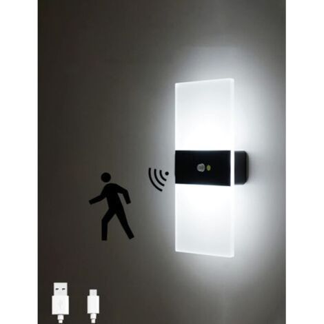 Panneau LED mural avec capteur de mouvement, lumière nocturne sans fil rechargeable USB, allumage/arrêt automatique, idéal pour chambre à coucher ou salon, couleur noire, température de couleur 6000 K