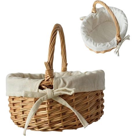 Weidenkorb mit Griff und Futter – dekorativer Osterkorb, runder gewebter Osterkorb, Geschenkkorb, Weideneinkaufskorb, zum Einkaufen und Picknick, Partyzubehör (1/5)