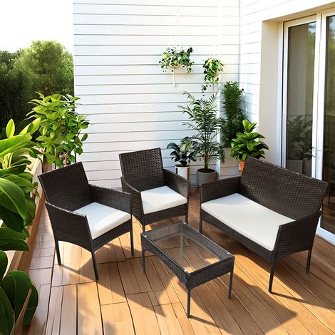 Jiubiaz Polyrattan Garten Sitzgruppe 4-teilig mit Sofa, 2 Stühlen, Glastisch und Sitzkissen für Balkon Terrasse Braun (1/4)