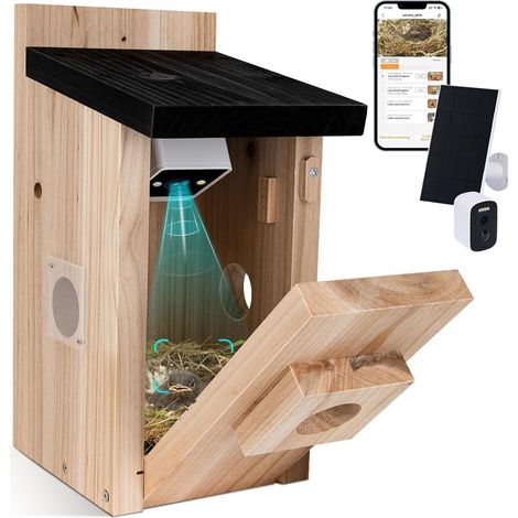 Casetta per uccelli in legno con telecamera a visione notturna da 5 MP, utilizzabile sia a parete che in posizione autoportante, casetta intelligente per live streaming e rilevamento del movimento (1/5)