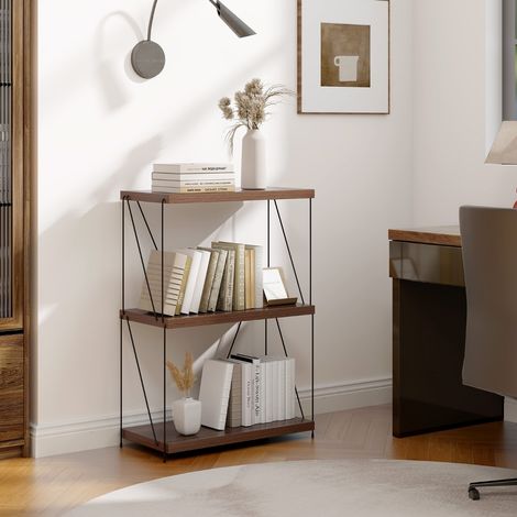 Etagère à 3 Niveaux Bibliothèque Autoportante avec Cadre en Métal Étagère de Rangement de Style Industriel Finition Grain de Bois Noyer Maison Chic (1/5)