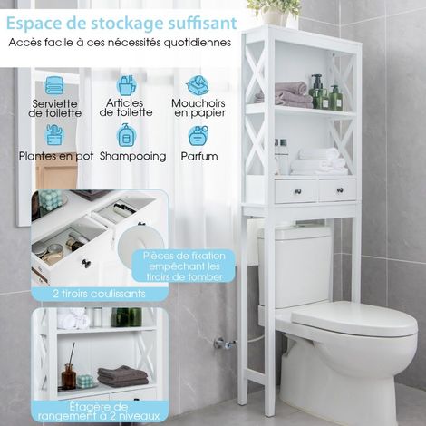 Étagère de rangement blanche au-dessus des toilettes 165 cm avec 3 étagères ouvertes et 2 tiroirs, barre réglable (1/5)