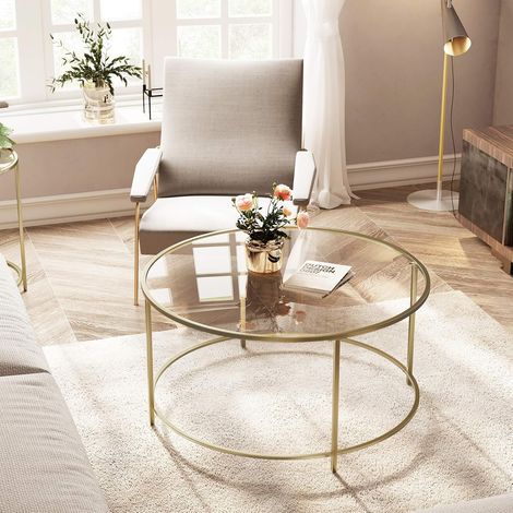 Vasagle – Table basse ronde en verre trempé – Armature métallique dorée – Dimensions 84x84x45,5 cm – Capacité de charge 70 kg – LGT21G