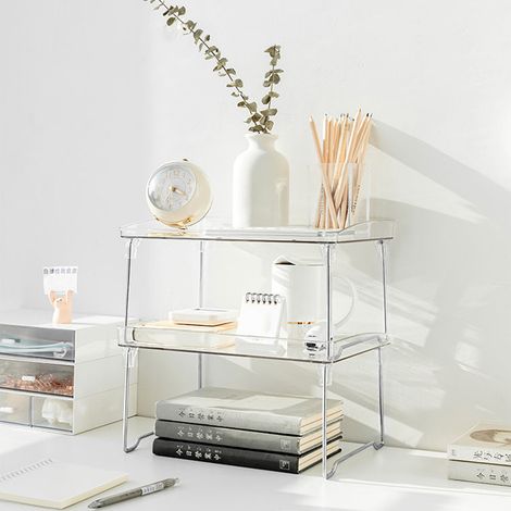 Organisateur de table transparent empilable en plastique pour maquillage, ustensiles de cuisine et papeterie, un niveau, taille unique (1/5)