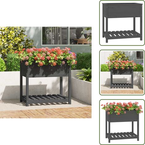 The Living Store Fioriera con Mensola Grigia 82,5x54x81cm in Legno Massello Pino - Fioriera da giardino