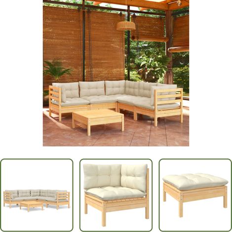 Terrassensofa - 6-tlg. Garten-Lounge-Set mit Creme Kissen Massivholz Kiefer (1/5)