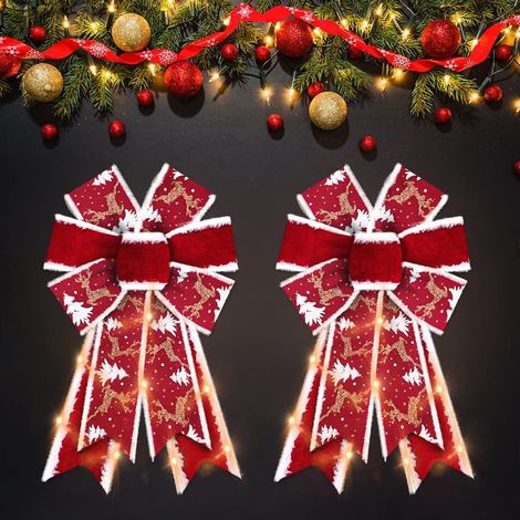 Lot de 2 nœuds de couronne de Noël à LED, nœuds flocons de neige pour les fêtes d'hiver, nœuds en velours rouge, nœuds pour sapin de Noël de porte d'entrée, décorations de Noël et du Nouvel An (1/5)