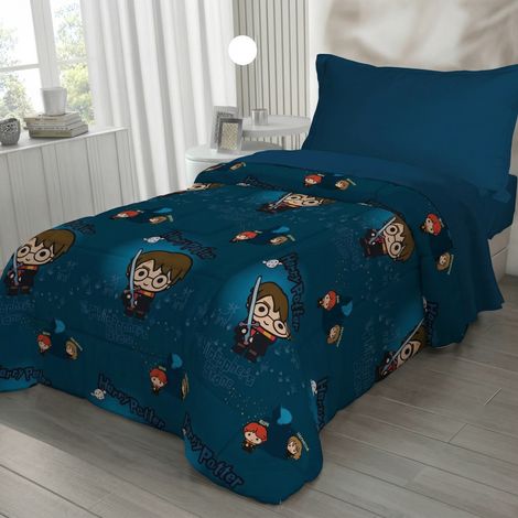 Couvre-lit simple Harry Potter pour enfants 170x250 bleu – Courtepointe légère 80 g/m² en microfibre, fabriqué en Italie (1/5)