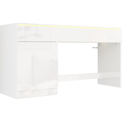 Scrivania lucida bianca 120 x 50 cm con LED, 2 cassetti e 1 anta (1/5)