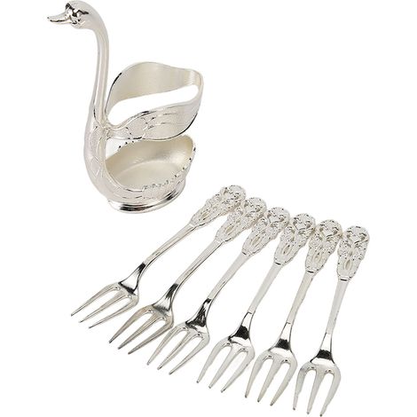 Ensemble de 6 fourchettes à fruits en forme de cygne, élégant, en aluminium argenté, avec une base décorative en forme de cygne résistante à la rouille.