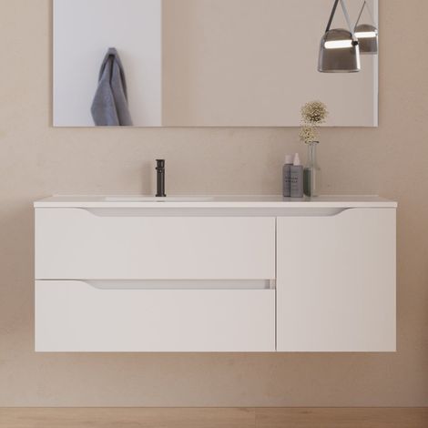 Meuble sous vasque seul, 2 tiroirs et 1 porte, 120cm, pour vasque déportée gauche - blanc mat - ZARZA