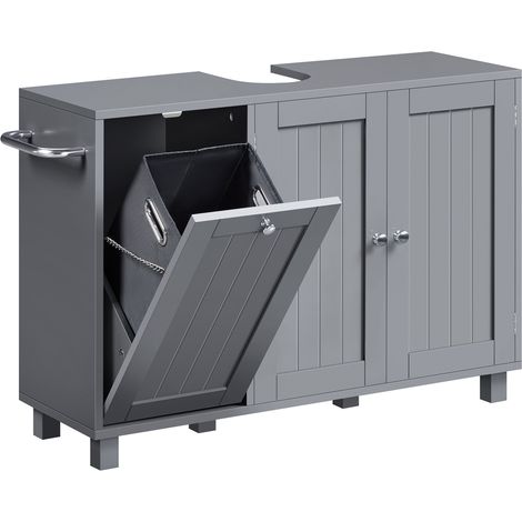 Yaheetech Meuble Salle de Bain sous Lavabo, Meuble avec Panier à Linge Amovible, Porte-Serviettes Ajustable, 90 × 30 × 62,5 cm, Moderne, Gain de Place Gris foncé (1/5)