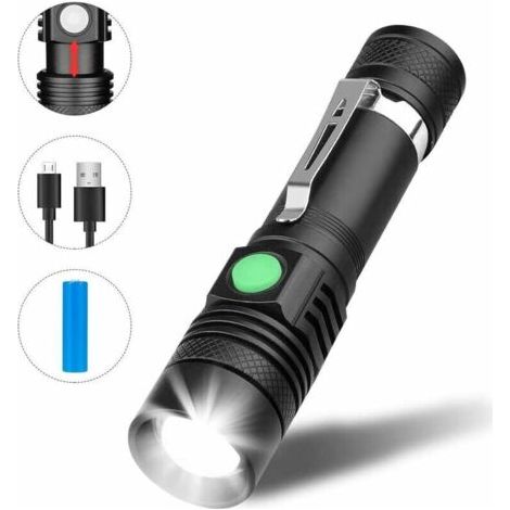 Linterna LED recargable por USB, 350 lúmenes, resistente al agua IP65, 3 modos de iluminación, linterna con zoom para uso doméstico, camping, senderismo y situaciones de emergencia (batería incluida). (1/4)