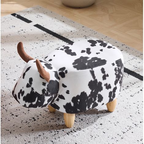 Pouf motif vache 62 x 35 x 36 cm, noir et blanc, antidérapant, pieds en bois HAVRYA (1/5)
