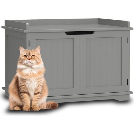Meuble à litière pour Chats relevé avec entrée latérale Ronde, Armoire Multifonction pour Animaux domestiques avec 2 Portes, Fermeture magnétique, Niche Couleur Grise, 72 x 51 x 52 cm (1/5)