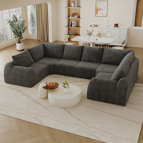 Canapé d'angle en U, canapé modulable 6 places en tissu chenille gris foncé, sans cadre, mousse haute élasticité, livré compressé sans montage, 344 × 200 × 85 cm, salon et appartement