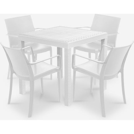 Set tavolo giardino esterno 80x80cm rattan 4 sedie bianco Nisida Light