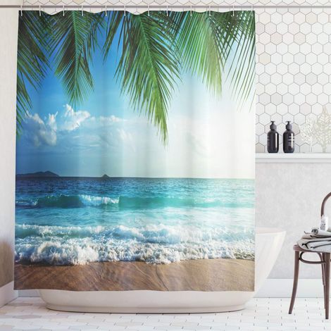 Océan Rideau de Douche, Palms Island Tropical, Tissu Ensemble de Décor de Salle de Bain avec Crochets, 175 x 200 cm, Bleu Et Vert (1/5)