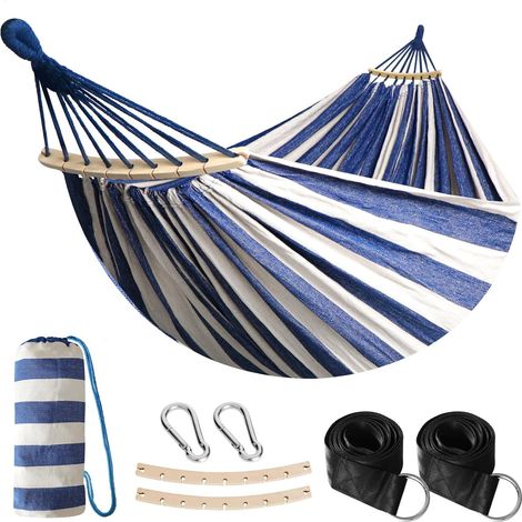 Hamac de Jardin avec Tige en Bois, hamac Confortable Portable avec Accessoire de Ceinture, étui de Transport pour terrasse intérieure/extérieure Garden Beach (Bleu/Blanc) (1/5)