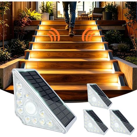 Lot de 4 lampes solaires d'escalier d'extérieur avec détecteur de mouvement, 14 LED blanc chaud, étanchéité IP67, pour sol, véranda, décoration, cour, chemin, jardin, trottoirs (1/5)