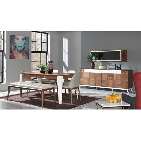 Comedor completo BERRAK con 4 sillas, nogal y blanco