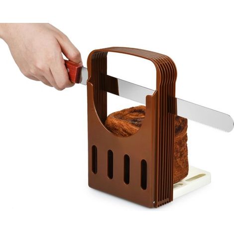 Trancheuse à pain domestique - Ustensiles de cuisine - Trancheuse à pain - Coupe jusqu'à 4 tranches épaisses - Idéale pour trancher le pain - marron - plastique - Café (1/5)