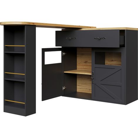 Mesa bar extensible negra de MDF con compartimentos, 204 x 39 x 104 cm (1/5)
