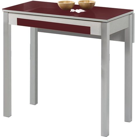 Table de Cuisine Extensible 1 Aile tombée - 80 x 40 cm (80 x 60 cm) - Structure et Aile tombée Couleur Aluminium - Plateau en Verre Couleur Bordeaux (1/5)