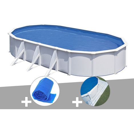 Kit piscine acier blanc Gré Fidji ovale 7,44 x 3,99 x 1,22 m + Bâche à bulles + Tapis de sol