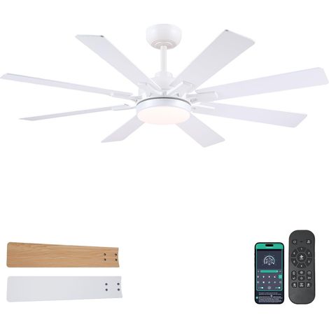 Ventilateur Plafond avec Lumiere Silencieux 132 cm, Ventilateur de Plafond avec Telecommande et APP, Plafonnier Ventilateur Led pour Chambre Salon, Moteur CC Réversible, 8 Pales en Bois, Blanc (1/5)