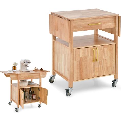 COSTWAY Küchenwagen auf Rollen, Servierwagen mit klappbarer Arbeitsplatte, Rollwagen mit Schublade & Schrank & offenem Fach, Kücheninselwagen Küchenschrank Holz, für Küche Esszimmer Bar, Natur