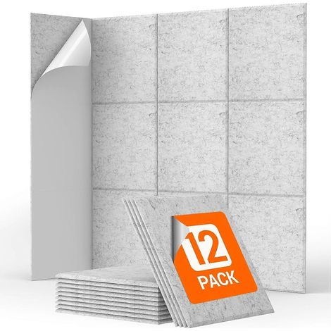 Lot de 12 panneaux acoustiques auto-adhésifs, carrés de 30 x 30 x 0,9 cm, panneaux acoustiques à isolation thermique haute densité pour studio, salle de jeux, bureau, gris (AAA) (1/5)