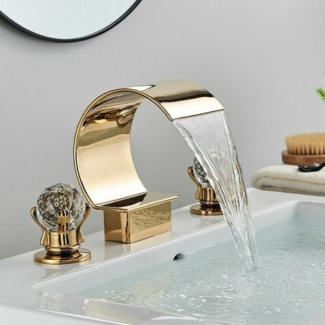 Or Robinet Salle de Bain Chaude Froide Réglable Mitigeur pour Lavabo Avec Deux Volants en Cristal Robinet de Salle de Bain de Luxe (SKU produit : 94940548 SKU Offre : lehuamwj473) (1/3)