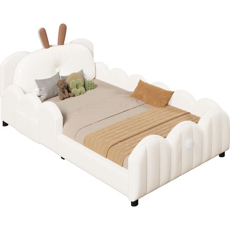 CHICFURN Cama infantil tapizada 90x200 cm beige con barandillas y conejo (1/5)