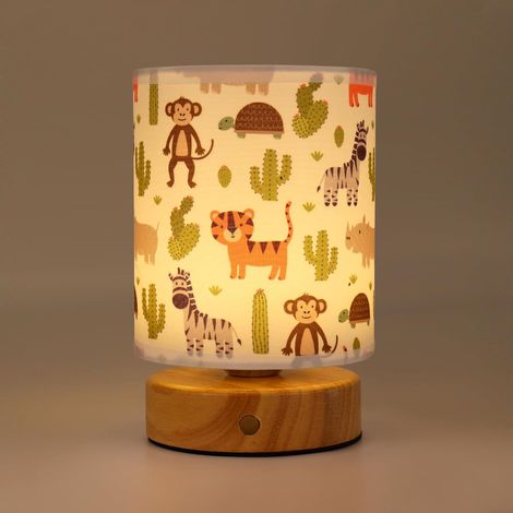 Veilleuse Enfant, Lampe de Chevet Petite, Motifs Animaux Mignons Rechargeable, 3 Température de Couleur Réglable, Contrôle Tactile, Base en Bois, Abat-jour Tissu, Cadeau Bebe (1/5)