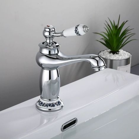 Robinet de lavabo rétro à col long en laiton, céramique et porcelaine noire et blanche, motif floral, distribue l'eau chaude et froide (chrome). (1/5)