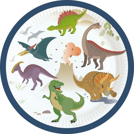 Fröhliche Dinosaurier-Teller, 18 cm, 8 Stück.