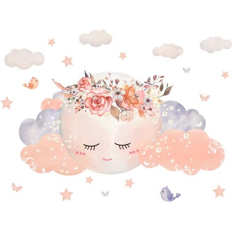 Stickers Muraux Pépinière Filles, 60 x 30 cm, Rose Stickers Muraux Chambre Bébé, Nuages ​​Mur Tatouage, Lune Enfants Chaud Stickers Muraux Filles Chambre Étoiles Fleurs Décoration Murale Cadeau (1/4)