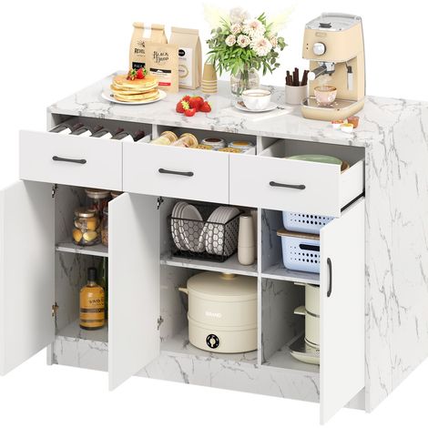 Îlot central de cuisine Blanc,Desserte Cuisine avec 3 portes,3 tiroirs,plan de travail,120x60x90.5cm (1/5)