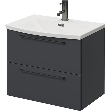Napoli 390 Gloss Grey 600mm Wall Mounted 2 Drawer Vanity Unit with Arc Basin - 600mm - Gunmetal Grey 320mm Handle
