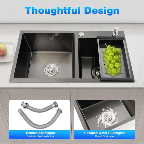 Évier encastré - Double lavabo - 2 bacs - Évier de cuisine - En acier inoxydable - Double bac avec égouttoir - Distributeur de savon Chensp - Égouttoir à encastrer - Noir - 78 x 43 x 22,5 cm (1/5)