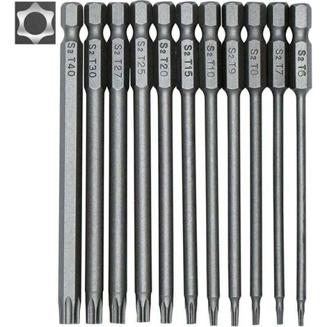 Set of 11 long Torx bits for screwdrivers and power screwdrivers – Magnetic bits – 1/4" hex shank – Sizes from T6 to T40 – Length 100 mm (1/4)
