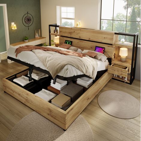 Letto matrimoniale industriale 160x200 cm con testiera contenitore, 2 cassetti, USB e Type-C, struttura MDF e metallo, rovere (1/5)